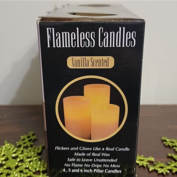 New Flameless LED Vanilla Scented Graduated Ivory Wax Pillar Candle Set of 3 - Picture 7 of 8